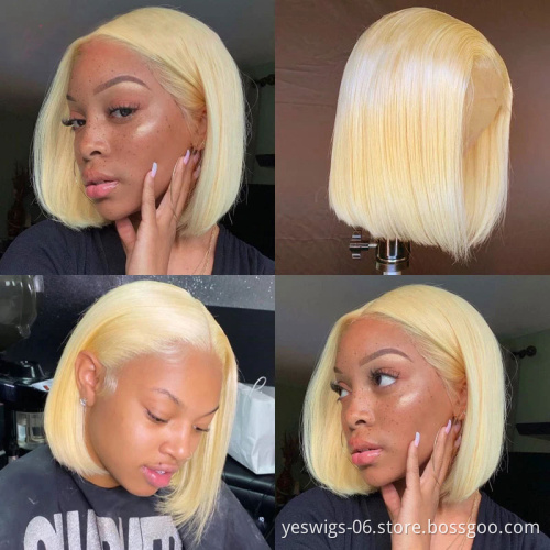 Wholesale 1b/613 Pink Blue Virgin Brazilian Human Hair Short Bob Wig Vendors Transparent HD Ombre Color Lace Front Bob Style Wig